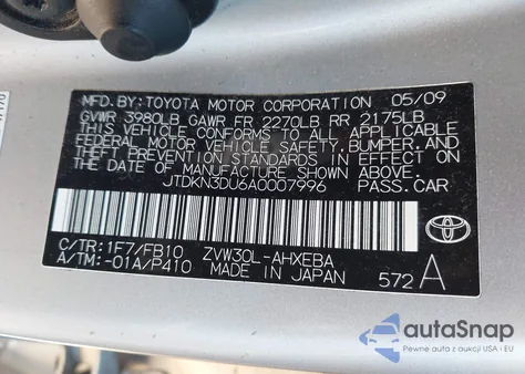 2010 Toyota Prius Iii z USA, uszkodzony, nr VIN JTDKN3DU6A0007996